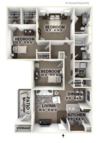 Floor plan for 3 beds, 2 baths, 1274 sqft